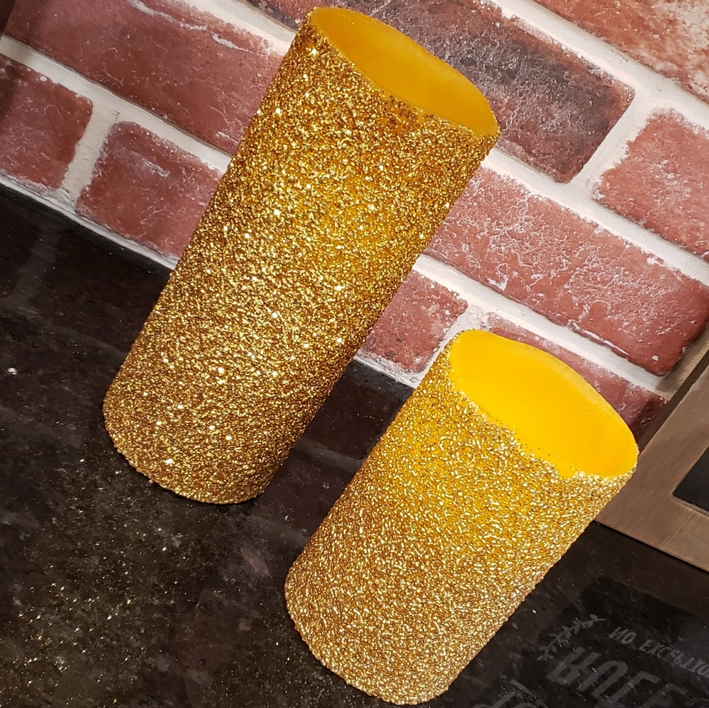 Set of gold glitter battery operated candles